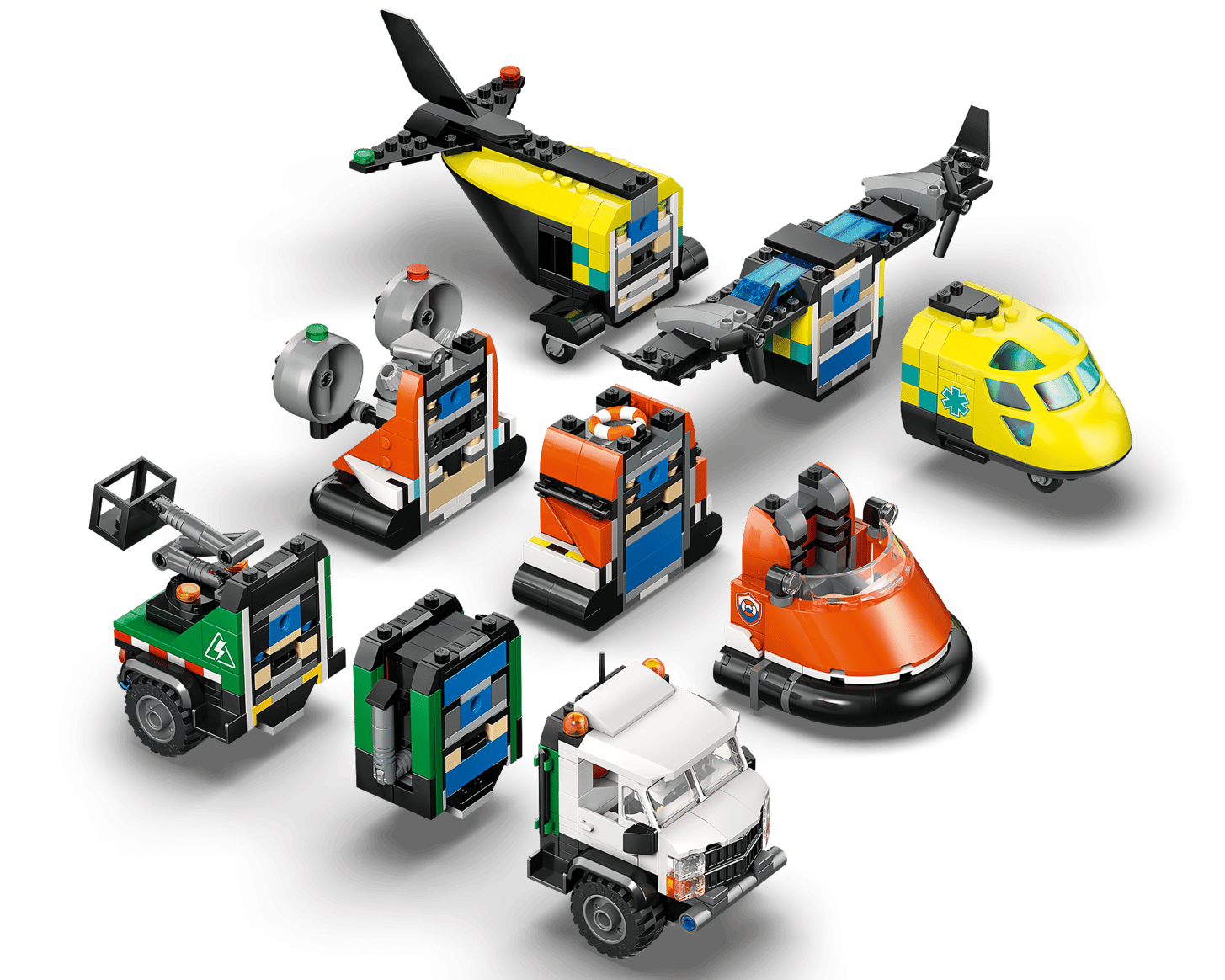 LEGO® Airplane, Service Truck & Hovercraft Remix by Legos - Toyhouse features an airplane, service truck, hovercraft, and more construction vehicles, all displayed on a white background.