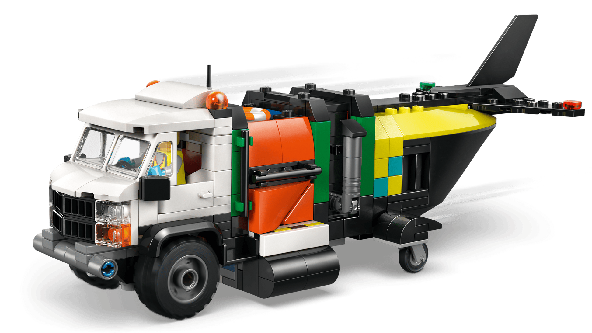 The LEGO® Airplane, Service Truck & Hovercraft Remix by Legos - Toyhouse combines a truck front and airplane tail with colorful bricks and a minifigure driver—ideal for fans of search-and-rescue-vehicle playsets.