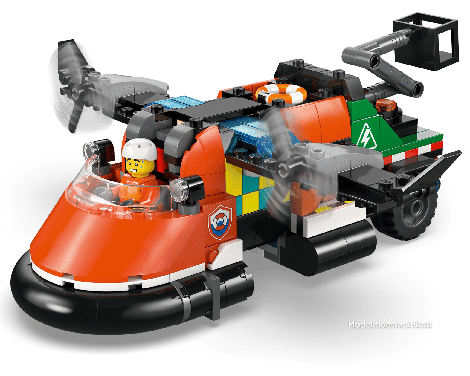 The Legos - Toyhouse LEGO® Airplane, Service Truck & Hovercraft Remix features a hovercraft with spinning propellers, orange cockpit, minifigure pilot, colorful bricks, and rescue decals—perfect for any LEGO building kit collection.