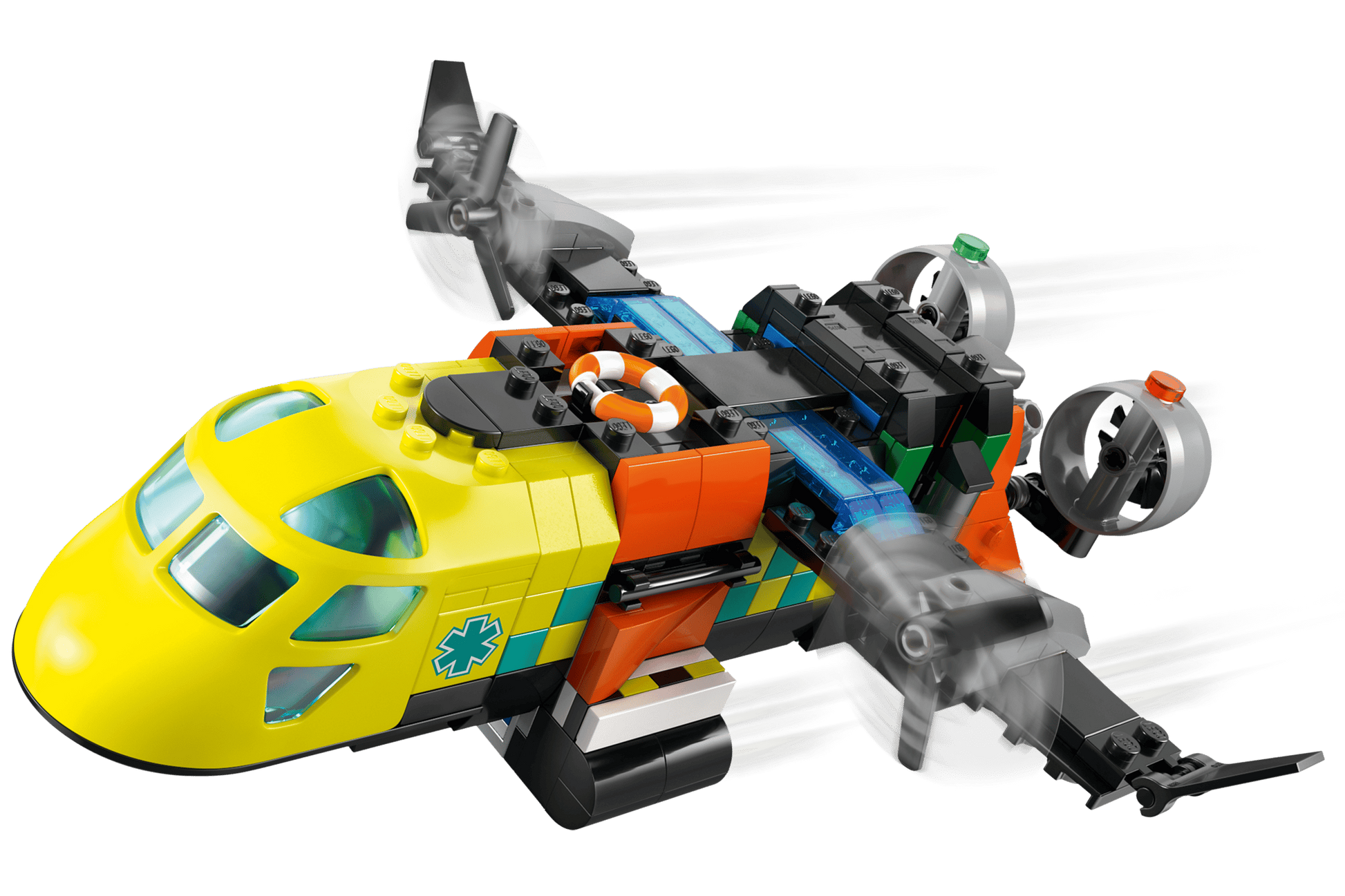 The Legos - Toyhouse LEGO® Airplane, Service Truck & Hovercraft Remix set features a yellow and orange emergency rescue plane with spinning propellers and a medical symbol on the side.
