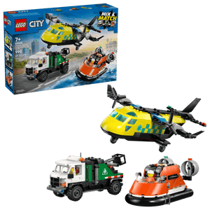 The LEGO® Airplane, Service Truck & Hovercraft Remix by Legos - Toyhouse includes 990 pieces to build a yellow-green helicopter, green and white truck, and orange hovercraft—an action-packed search-and-rescue vehicle playset.