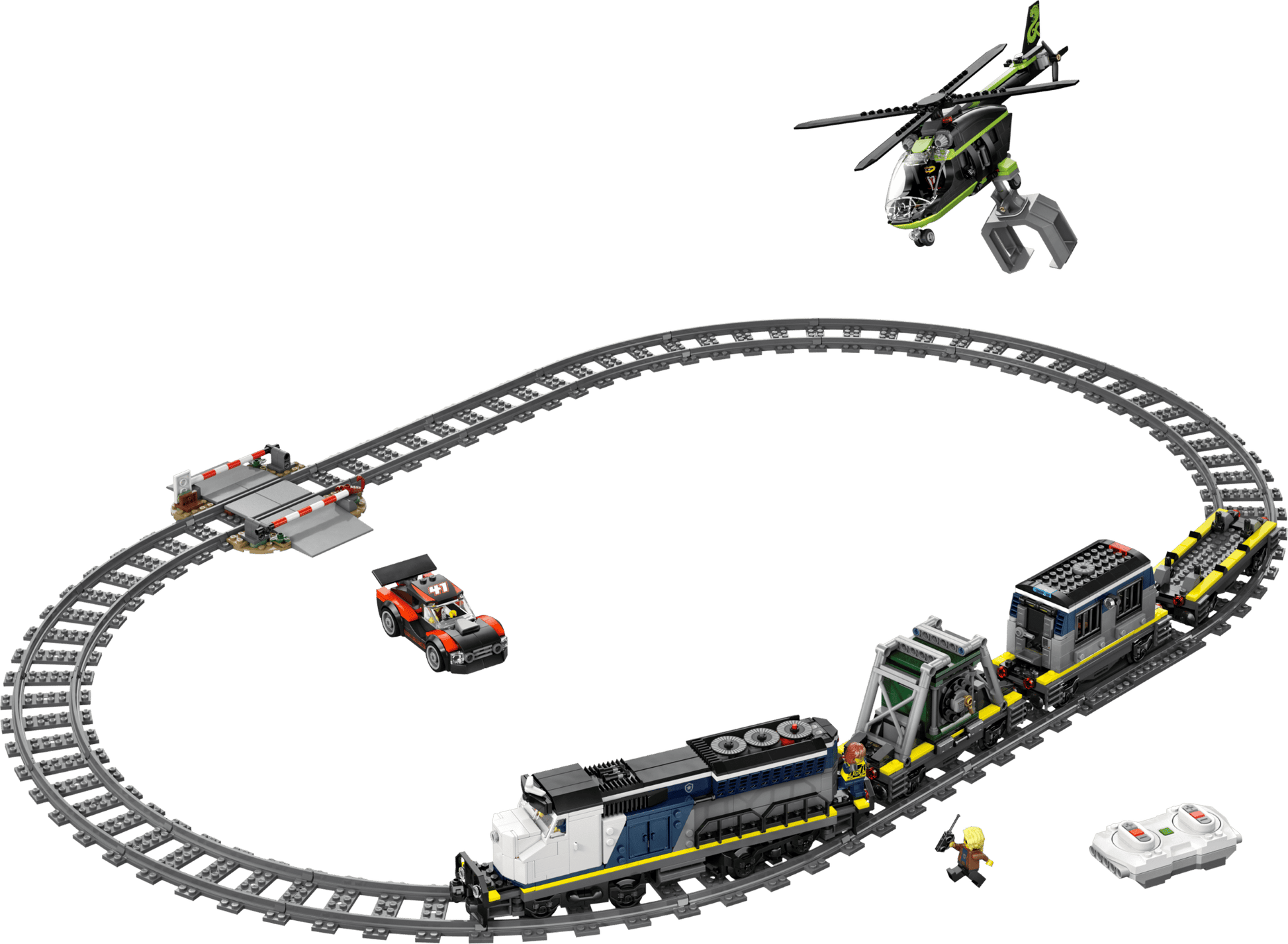 The Legos - Toyhouse LEGO® City Police Train Heist set includes an oval track, blue and white police train with two cars, a red car, helicopter, railroad crossing, two minifigures, and two remote controls.