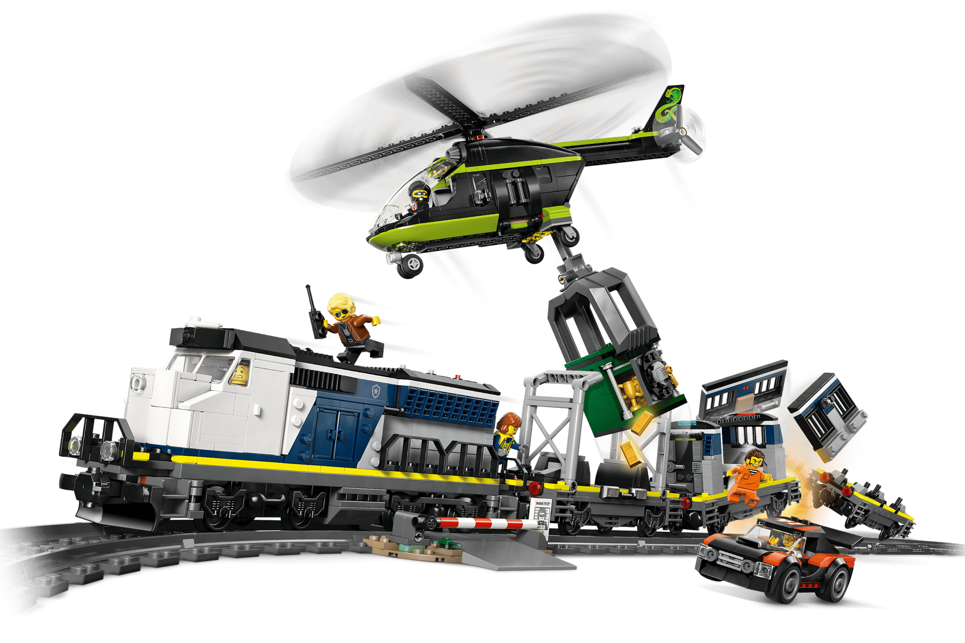 The LEGO® City Police Train Heist by Legos - Toyhouse features an electric train, helicopter with a jail cell, action minifigures, a car on the tracks, and fun accessories for thrilling play.