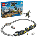 The LEGO® City Police Train Heist by Legos - Toyhouse includes an electric train with tracks, a helicopter, vehicles, minifigures, and comes in a display box.