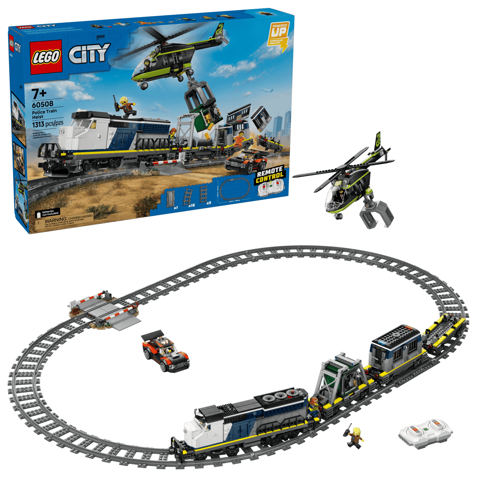 The LEGO® City Police Train Heist by Legos - Toyhouse includes an electric train with tracks, a helicopter, vehicles, minifigures, and comes in a display box.