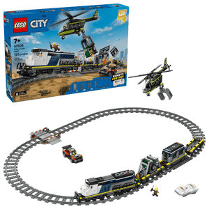 The LEGO® City Police Train Heist by Legos - Toyhouse includes an electric train with tracks, a helicopter, vehicles, minifigures, and comes in a display box.