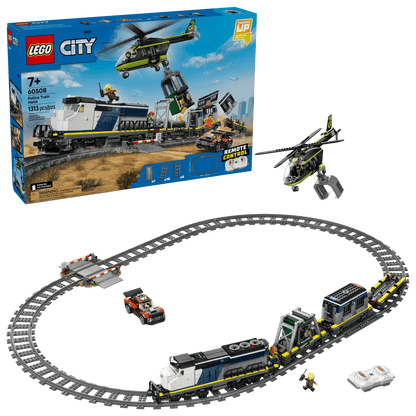 The LEGO® City Police Train Heist by Legos - Toyhouse includes an electric train with tracks, a helicopter, vehicles, minifigures, and comes in a display box.