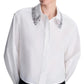 Simkhai Renata Embellished Collar Cropped Shirt in white cotton poplin with silver fringe embellishments on the collar.