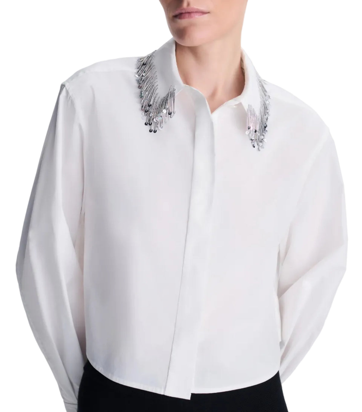 Simkhai Renata Embellished Collar Cropped Shirt in white cotton poplin with silver fringe embellishments on the collar.