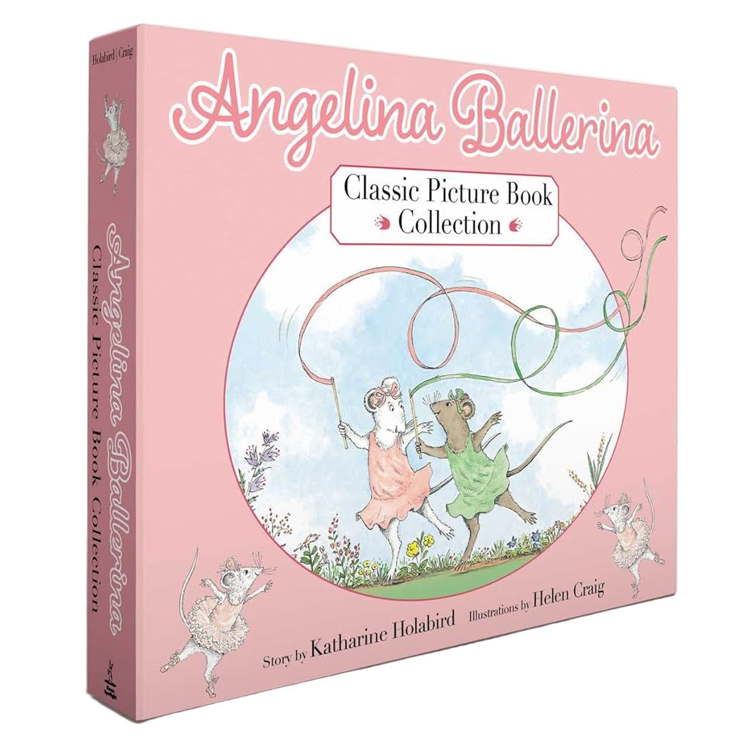 The "Angelina Ballerina Classic Picture Book Collection (Boxed Set)" by Simon & Schuster features a pink box with two dancing mice on the cover—ideal for young ballet fans. Stories by Katharine Holabird.
