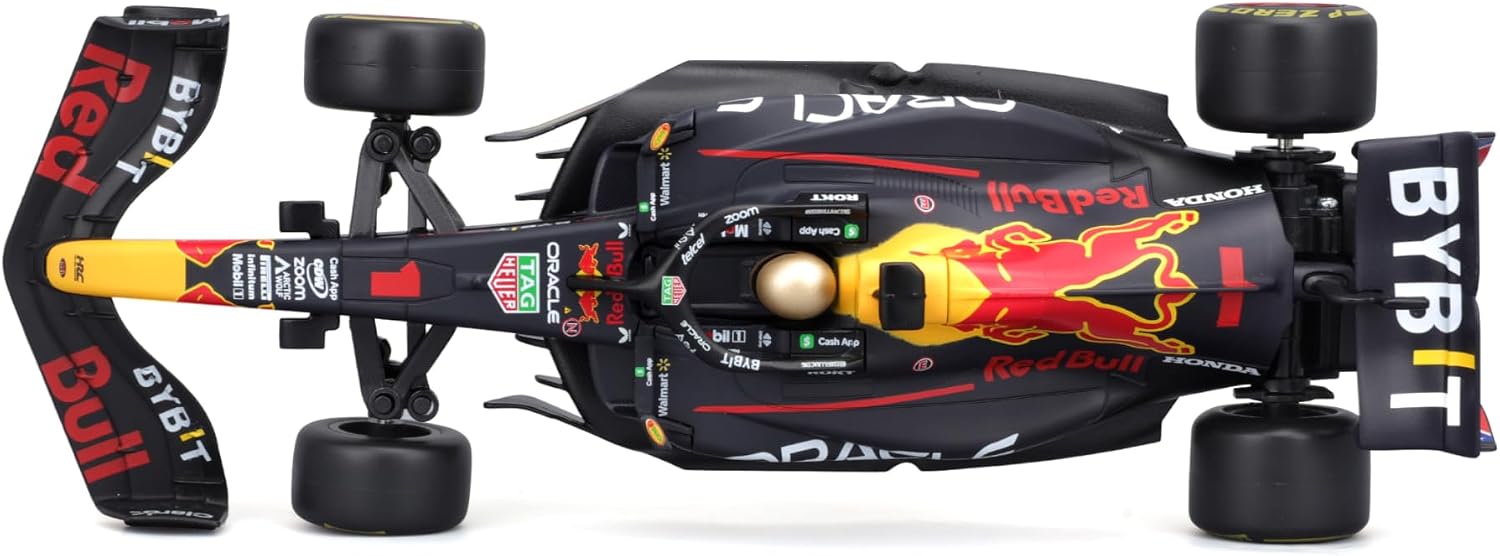 Top view of a Maisto R/C 1:24 Oracle Red Bull Racing RB19 (2023), inspired by Max Verstappen, showcasing striking logos, bold black and yellow livery, and intricate aerodynamic details—all expertly recreated in this high-performance remote controlled car.