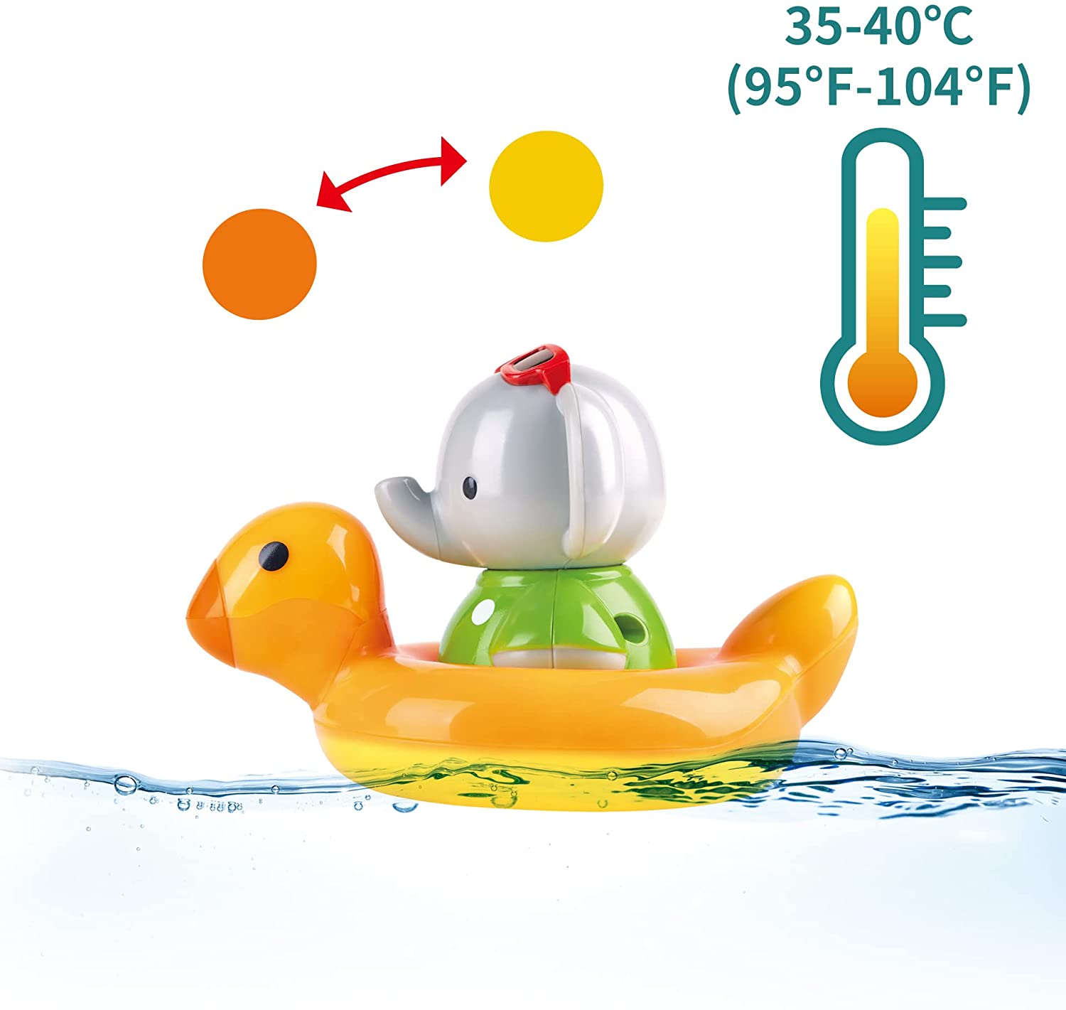 During bath time, a Hape Spin Splash & Swim Elephant Color-Changing Bath Toy floats in the water with a thermometer.