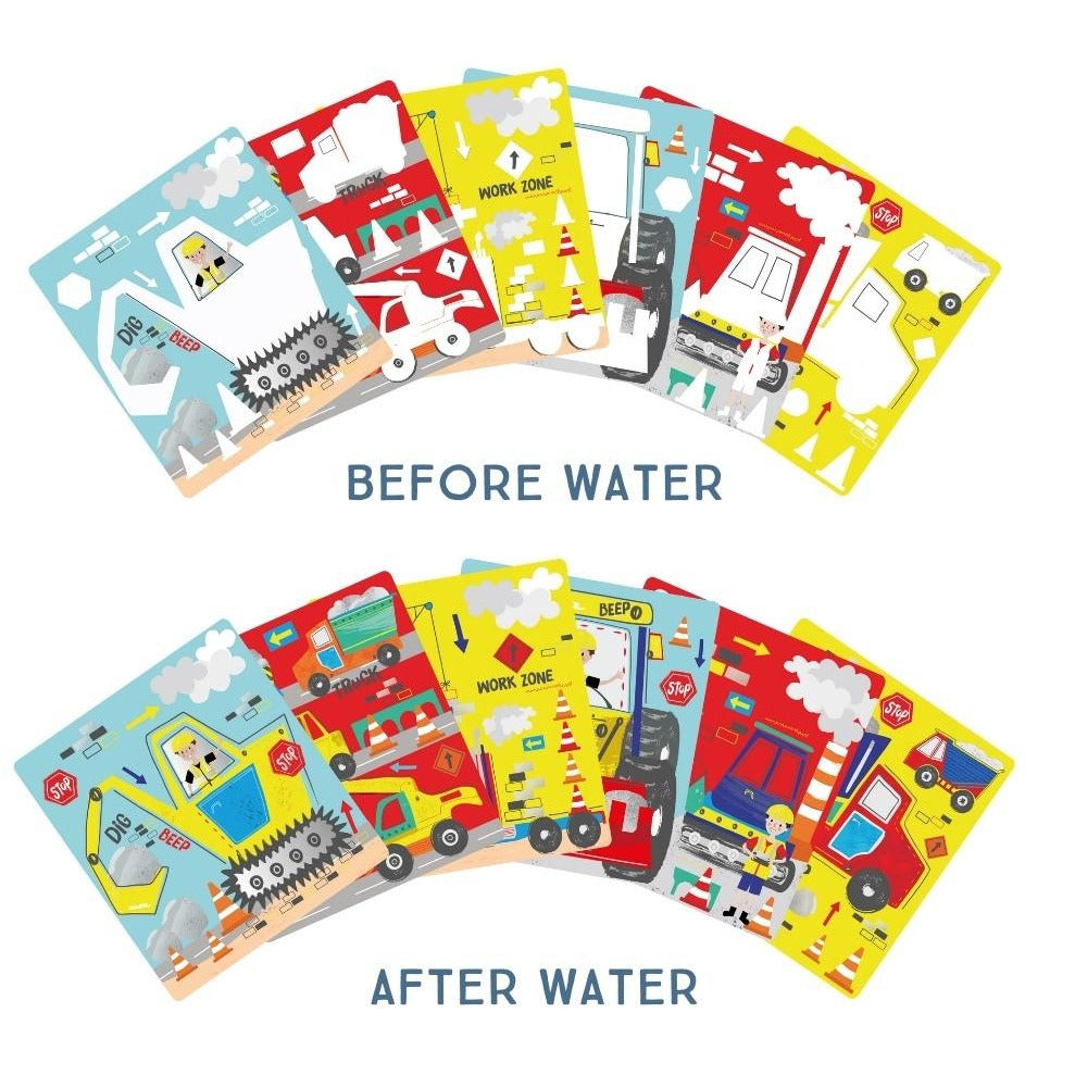 Two rows of vibrant, construction-themed activity cards from the Floss and Rock Construction Easel Watercard and Pen set are labeled “Before Water” and “After Water,” with images that become brighter and more detailed when water is applied. This reusable coloring pad doubles as a portable art toy for kids, delivering creative fun wherever you go.