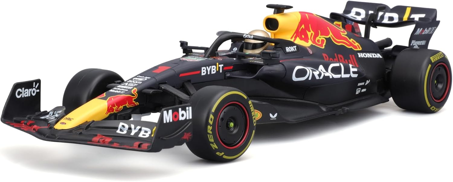 The Maisto R/C 1:24 Oracle Red Bull Racing RB19 (2023) remote controlled car, styled in striking black and red with prominent sponsor logos such as Oracle, Honda, and Mobil, is displayed on a clean white background. Inspired by Max Verstappen’s official Formula 1 livery for the championship-winning Red Bull Racing team, this model captures authentic detailing from the 2023 season.