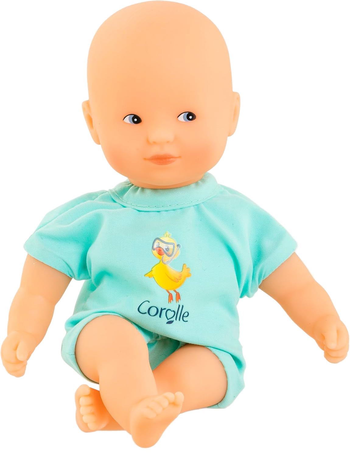The Corolle Mini Bath Doll - Blue features a soft-touch vinyl body, a light blue outfit with a cartoon duck and "Corolle" on the front, and is perfect as a cuddly bath toy for little ones.