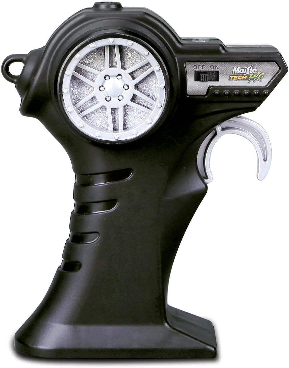 The black Maisto remote control, featuring silver wheel detailing, an on/off switch, trigger-style grip handle, and clearly labeled buttons, is engineered for precise operation of your R/C 1:24 McLaren MCL38 by Maisto—delivering exhilarating Formula Racing performance.