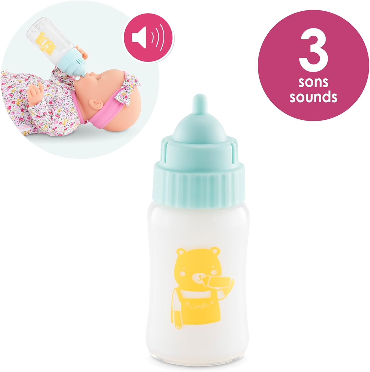Corolle Magic Milk Baby Doll Bottle for 14-17" dolls features a blue cap and bear illustration; includes an inset of a doll being fed and a label highlighting that this feeding accessory provides three playful sounds.