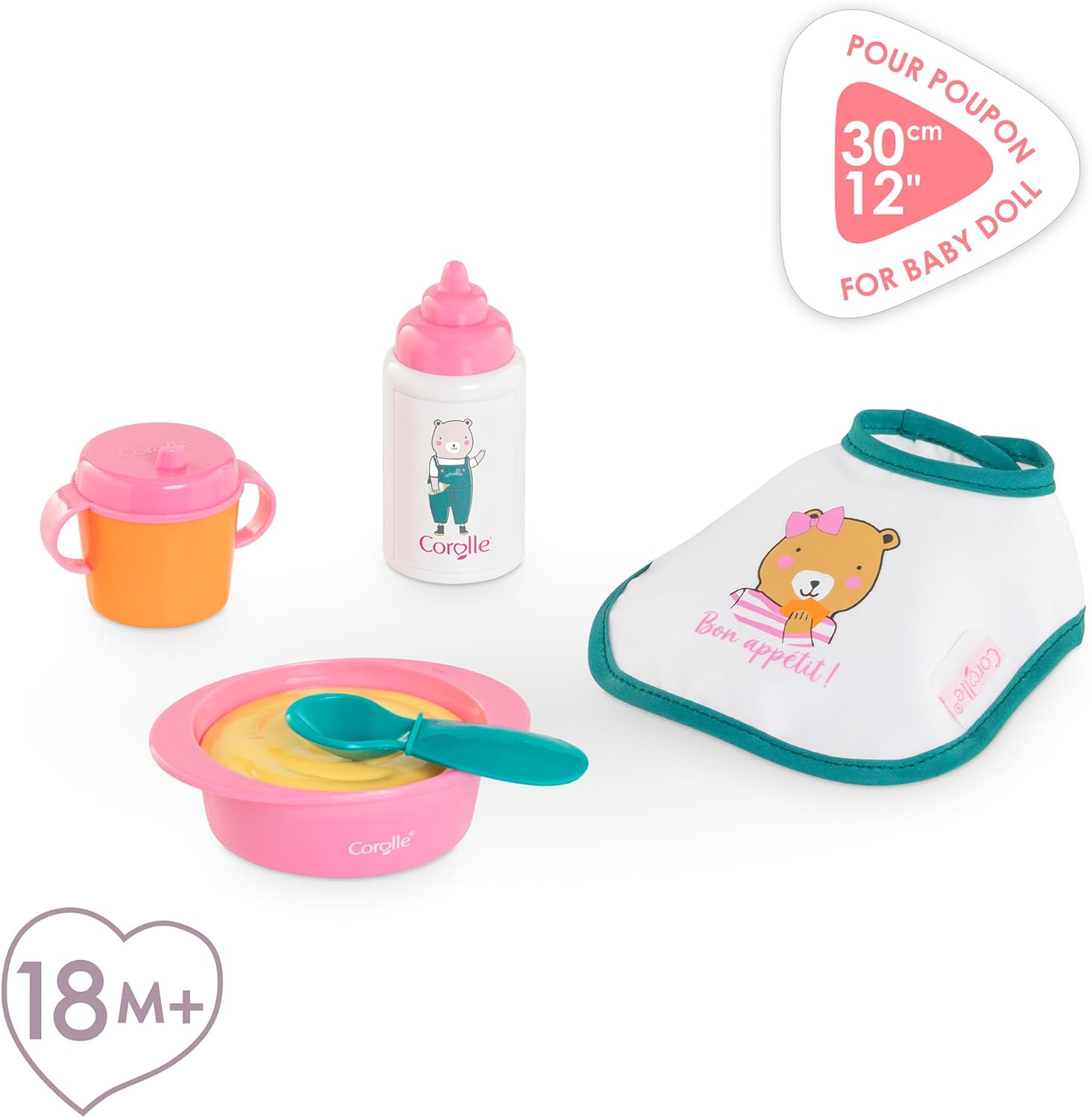 The Corolle Mealtime Set - Pink includes a bib, pink and orange sippy cup, bottle, and bowl with spoon. Perfect for 30 cm Corolle baby dolls and ages 18 months+, it’s an ideal educational toy choice.
