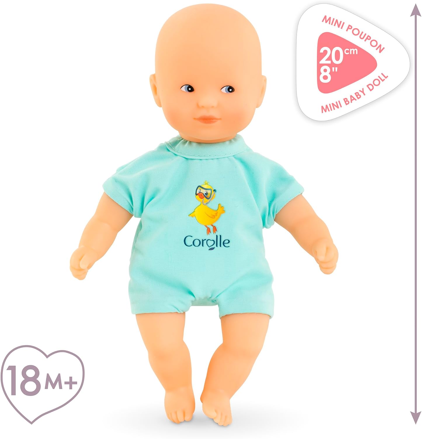 The Corolle Mini Bath Doll - Blue is a 20 cm soft vinyl bath toy with a duck graphic, perfect for children 18 months and up.
