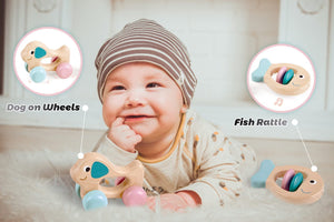 A baby is laying on the floor with a Hape Multi-Stage Sensory Gift Set toy, engaging in developmental milestones.