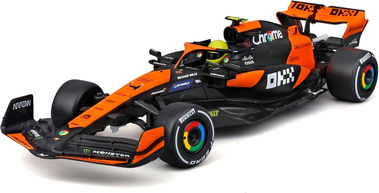A front-side image of the Maisto R/C 1:24 McLaren MCL38 showcases its striking orange and black design, complete with authentic sponsor logos, aerodynamic details, and racing tires—making it the ideal choice for enthusiasts of Formula Racing and radio control vehicles.