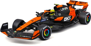 A front-side image of the Maisto R/C 1:24 McLaren MCL38 showcases its striking orange and black design, complete with authentic sponsor logos, aerodynamic details, and racing tires—making it the ideal choice for enthusiasts of Formula Racing and radio control vehicles.