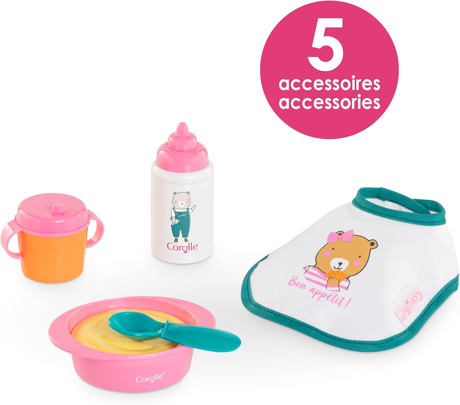 The Corolle Mealtime Set - Pink includes a sippy cup, baby bottle, bowl with spoon, and bib—5 accessories for pretend feeding fun. Perfect for fans of Corolle baby dolls.