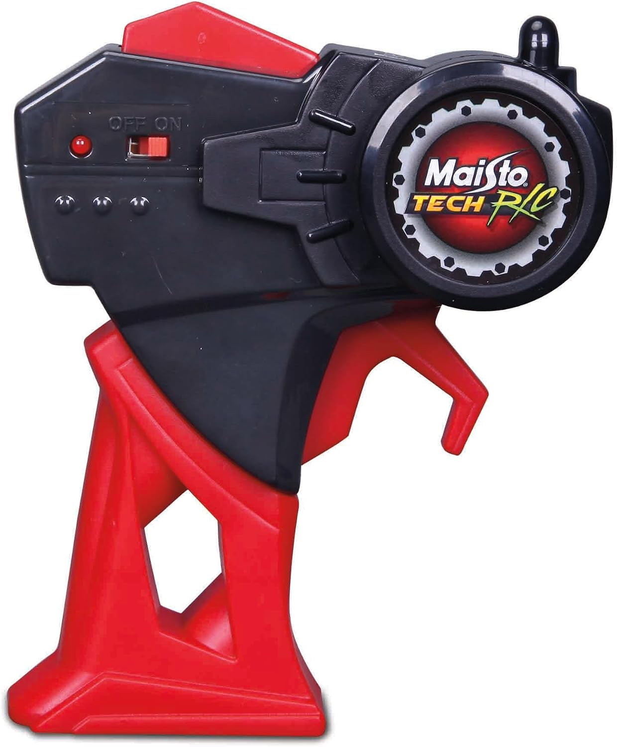 Command your R/C 1:24 Endurance Racers Ferrari 499P (2024) by Maisto with this black and red Maisto Tech RC remote control, featuring an on/off switch, trigger, and steering wheel dial—ideal for bringing the excitement of a 24H Le Mans Champion to life.