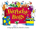 Cheerful cartoon bugs with party hats and balloons surround a red "Birthday Bugs" box. Two gift boxes sit below, one revealing bug eyes. Text: "A Pop-up Party by David A. Carter." Brand: Simon & Schuster.