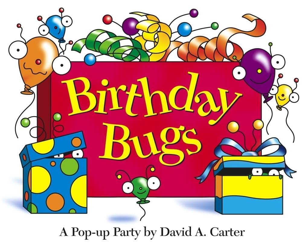Cheerful cartoon bugs with party hats and balloons surround a red "Birthday Bugs" box. Two gift boxes sit below, one revealing bug eyes. Text: "A Pop-up Party by David A. Carter." Brand: Simon & Schuster.