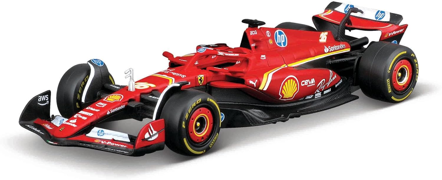 A bright red Maisto R/C 1:41 DC Ferrari SF-24 (2024) car with bold sponsor logos, black wings, and yellow wheel rims is showcased on a plain white background. This detailed remote control model by Maisto authentically recreates the iconic Formula 1 racing machine.