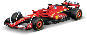 A bright red Maisto R/C 1:41 DC Ferrari SF-24 (2024) car with bold sponsor logos, black wings, and yellow wheel rims is showcased on a plain white background. This detailed remote control model by Maisto authentically recreates the iconic Formula 1 racing machine.