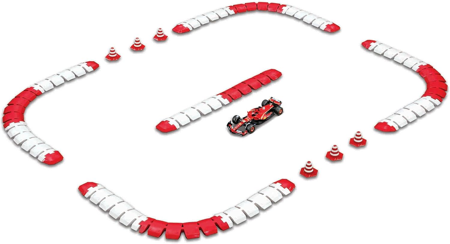 Maisto R/C 1:41 DC Ferrari SF-24 (2024) toy racecar on a matching track with barriers and traffic cones, viewed from above against a white background.