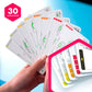 A hand displays fanned-out GraviTrax: The Game Course cards with colorful bars and icons, beside a pink "30 challenges" badge on a blue background—ideal for GraviTrax fans or any STEM toy enthusiast.