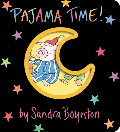 Book cover of "Pajama Time! (Boynton on Board)" by Simon & Schuster features a pig in blue pajamas and red nightcap sitting on a crescent moon, surrounded by stars—a charming choice for your bedtime stories.