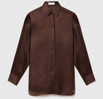 Stella McCartney Star Silk Jacquard Shirt in dark brown, featuring a long-sleeved button-down design with a star-patterned jacquard and a single chest pocket.
