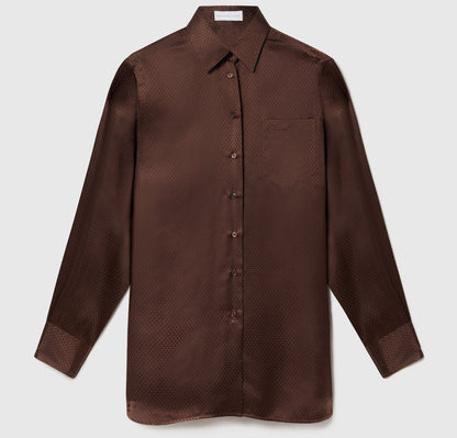 Stella McCartney Star Silk Jacquard Shirt in dark brown, featuring a long-sleeved button-down design with a star-patterned jacquard and a single chest pocket.