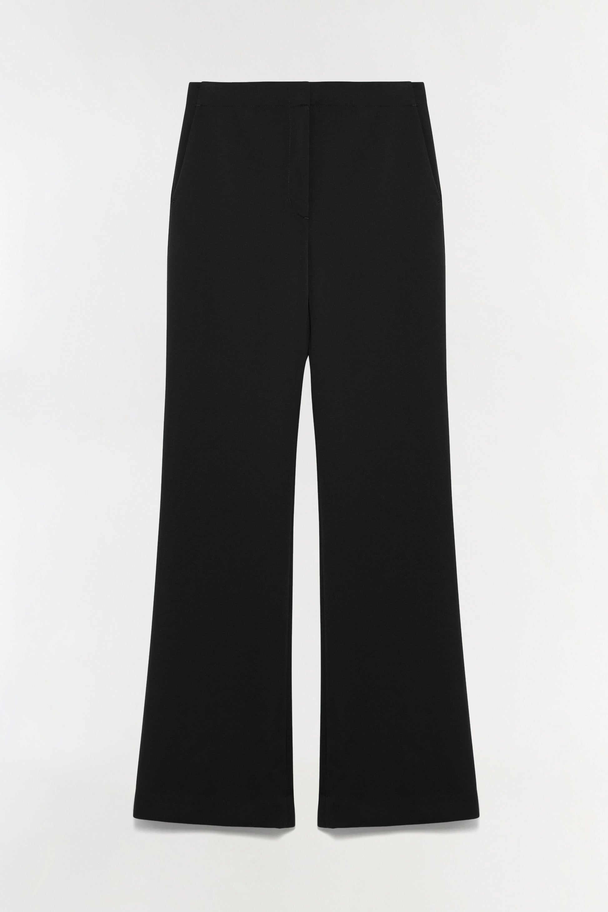 The Kenna Trouser from Simkhai—a pair of black, straight-leg tailored trousers with side pockets—offers refined minimalism, shown flat against a white background.