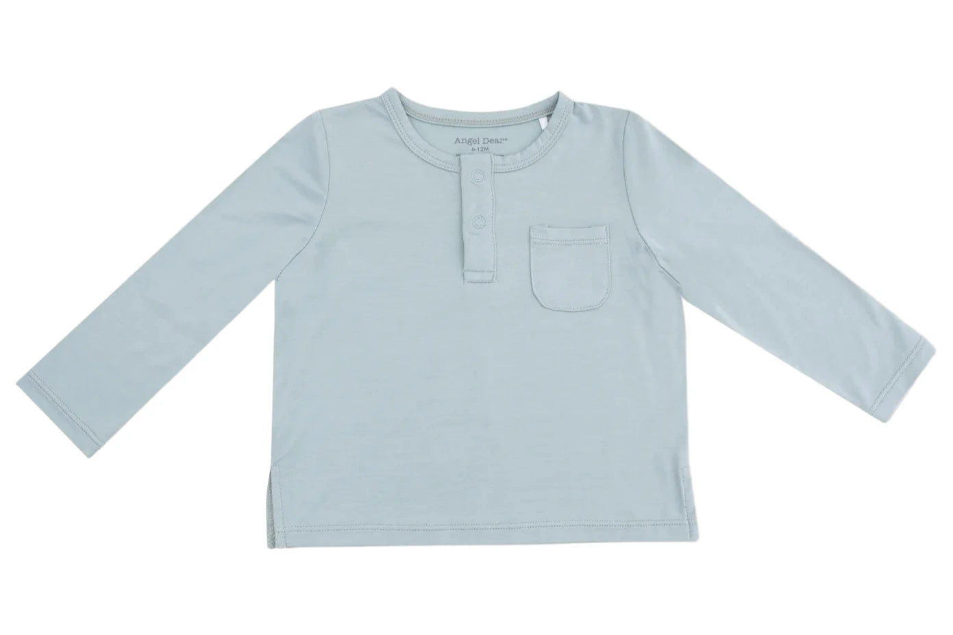 Angel Dear Baby Boys' and Boys' Bamboo Long Sleeve Henley with Pocket in light blue, featuring a small chest pocket and partial button placket, displayed on a plain background.
