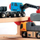 A wooden toy construction train set featuring a crane and truck by Brio World. 