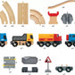 Image of a 32-piece toy train set including wooden tracks, train cars, a crane, a warning sign, and track connectors. Different shaped and colored train cars and components are arranged in rows, offering a Brio BRIO World Rail & Road Loading Set experience with construction-themed vehicles enhancing imaginative play.