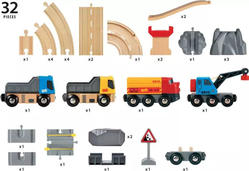 Image of a 32-piece toy train set including wooden tracks, train cars, a crane, a warning sign, and track connectors. Different shaped and colored train cars and components are arranged in rows, offering a Brio BRIO World Rail & Road Loading Set experience with construction-themed vehicles enhancing imaginative play.