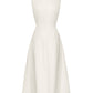 The TWP Crew Neck Coated Viscose Linen Dress is sleeveless, white, knee-length, with a fitted bodice and flared A-line silhouette, displayed on a plain background.