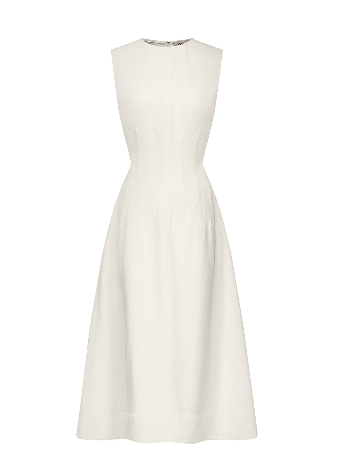 The TWP Crew Neck Dress is a sleeveless, white midi dress made from a viscose-linen blend, featuring a fitted bodice and flared skirt, shown on a plain background.