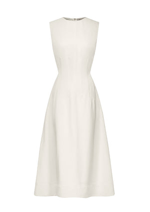 The TWP Crew Neck Dress is a sleeveless, white midi dress made from a viscose-linen blend, featuring a fitted bodice and flared skirt, shown on a plain background.