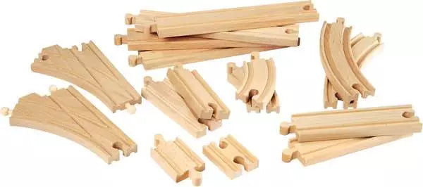 The BRIO World Expansion Pack Intermediate set, by Brio, consists of wooden toy train tracks including straight, curved, and intersection pieces, all displayed on a plain white background.