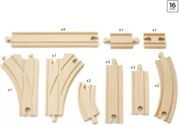 The BRIO World Expansion Pack Intermediate by Brio includes 16 pieces designed to enhance your current setup. This set features wooden tracks with both straight and curved sections, a bridge, and junctions, each labeled with its quantity.