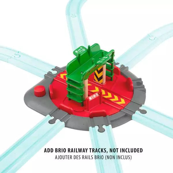 BRIO World Turntable & Figure featuring red and green design with track connection points, seamlessly integrating into the BRIO World railway, shown without additional tracks.