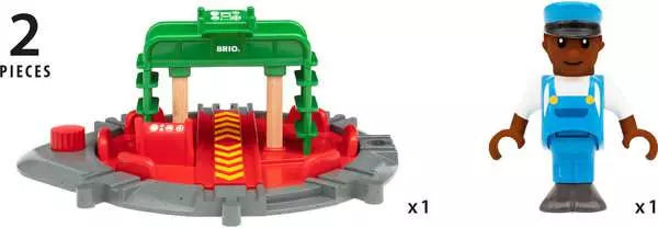 The BRIO World Turntable & Figure by Brio comes with a toy rotating railway turntable featuring green and red parts, along with a toy figure dressed in blue overalls and a blue cap. It is perfect for enhancing your BRIO World railway set with seamless track connection points.