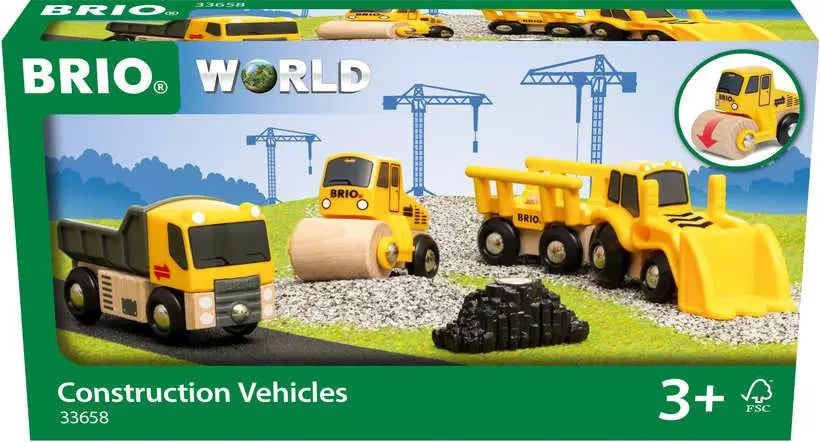 Explore the Brio BRIO World Construction Vehicles toy set, which includes a steamroller, dump truck, and front loader. Ideal for imaginative play, these vehicles are crafted for children aged 3 and above.